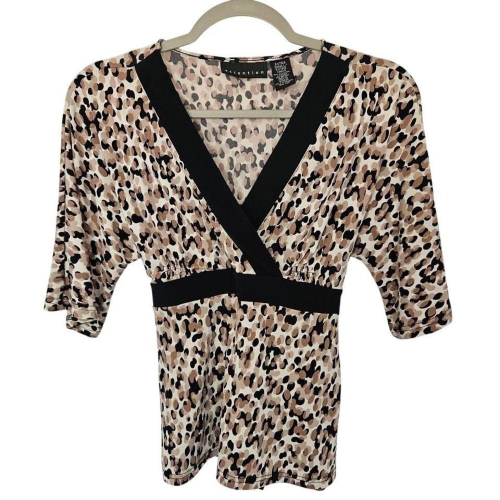 Attention Leopard Print‎ Faux Wrap Top Black Tan V-Neck Empire Waist XS Grunge